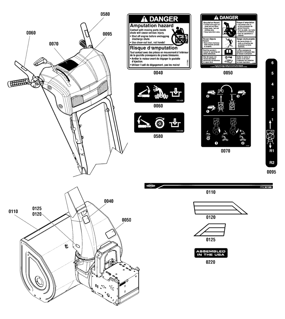 Decals Group Diagram and Parts List for BP2138S (1696160-00)(2012) Briggs and Stratton Snow Blower